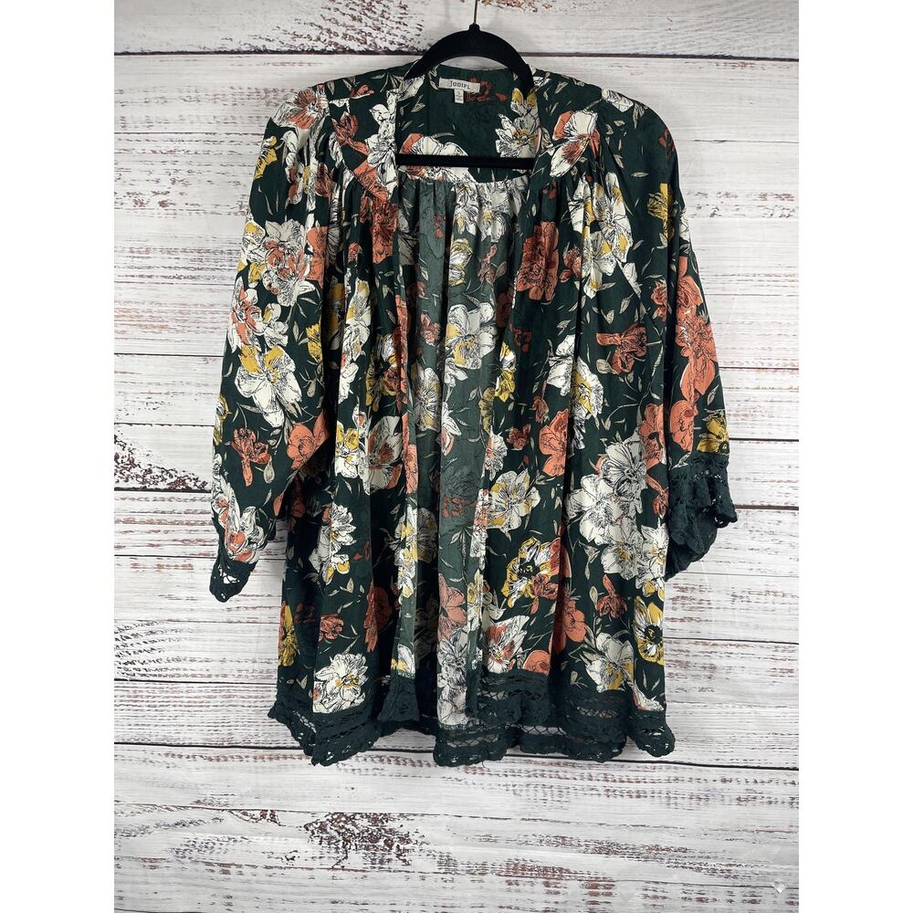 Jodifl Kimono Cardigan Women's Size S Green Floral Open Front Boho Lace Trim